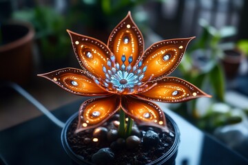 Holographic display of a rare flower, changing colors as it spins