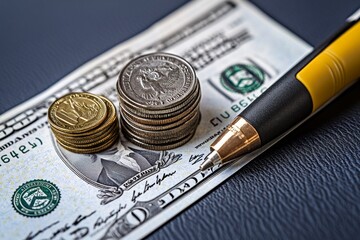 Fototapeta premium Hyper-detailed foreign currency bills and coins stacked on a travel itinerary