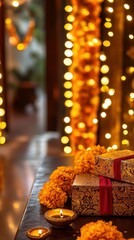Intricately wrapped Diwali gift boxes on a polished wooden table, with a backdrop of twinkling fairy lights and marigold garlands hanging on a doorway. Copy space, happy Diwali background