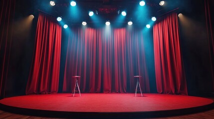 Stage with Red Curtains and Spotlights