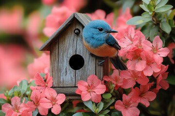 A blue bird perches on a wooden birdhouse surrounded by pink flowers.