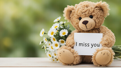 teddy bear with the message "I miss you" and flowers. I MISS YOU,  love, cute romance, couples card.,love background copy-space