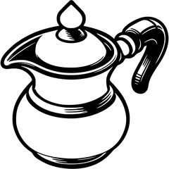 Obraz premium Turkish coffee pitcher in monochrome. Jug with handle for brewing Turkish coffee. Simple minimalistic vector in black ink drawing on transparent background