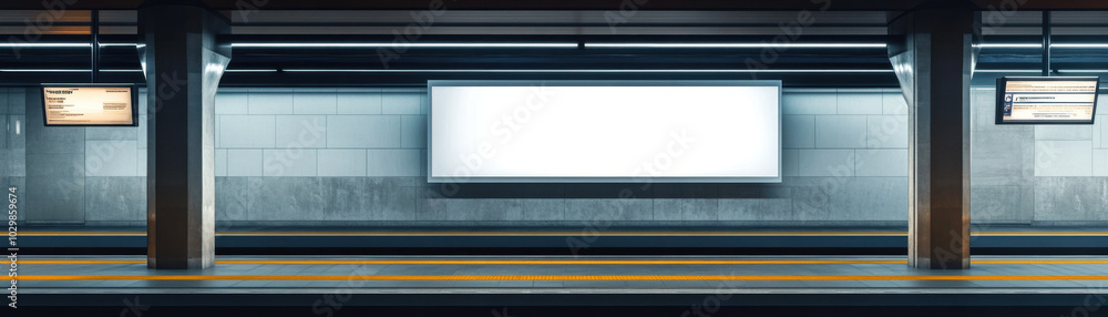 Poster minimalist white billboard on modern train station platform, showcasing clean and spacious environme