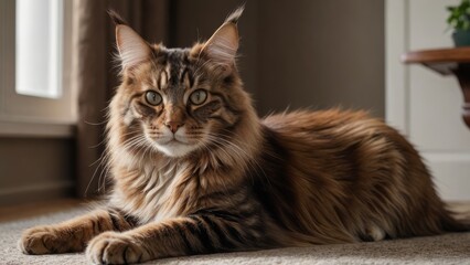 Brown maine coon cat laying on the floor indoor