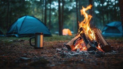 Campfire with a coffee cup resting beside in a tranquil forest environment surrounded by tents and nature