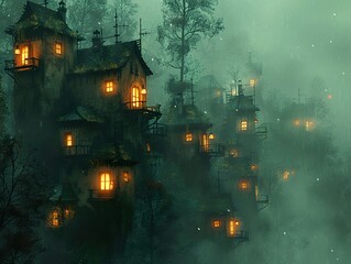 Obraz premium Enchanted Village in the Foggy Forest