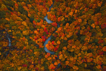 New England Scenic Byway. Smuggler's Notch Stowe Vermont Aerial Drone Birds Eye View Curved Paved...