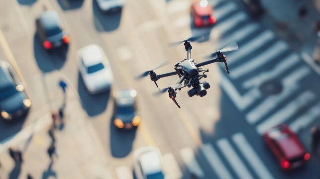 Drone footage captures a police drone flying over a bustling crosswalk and intersection.