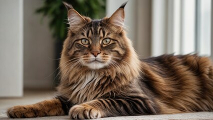 Brown maine coon cat laying on the floor indoor