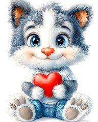 Obraz premium A cute cat is holding a red heart in its mouth. The cat is smiling and he is happy