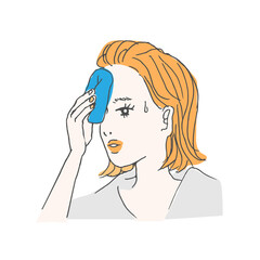 A woman wipes sweat with a handkerchief. She is hot after exercising.