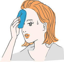 A woman wipes sweat with a handkerchief. She is hot after exercising.