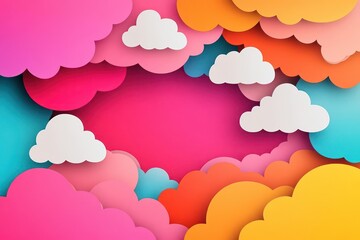 Papercut clouds, layered with vibrant sky gradient, flat design illustration