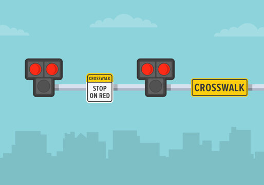 Traffic regulation rules and tips. Close-up view of a high intensity activated crosswalk beacon and sign. Flat vector illustration template.