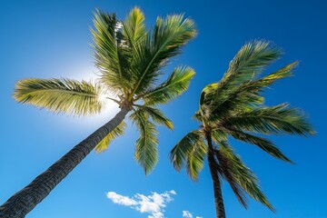 Palm tree branches swaying under a bright midday sun, with a clear blue sky