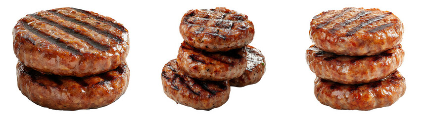 Grilled burger patties isolated on transparent PNG, perfect for fast food menu designs and burger advertisements