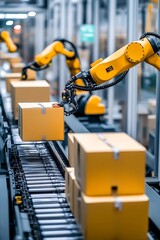 Boxes moving on a conveyor belt towards robotic arms for sorting, inside a state-of-the-art distribution center.