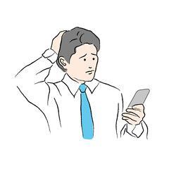 A man looking troubled as he looks at his smartphone.