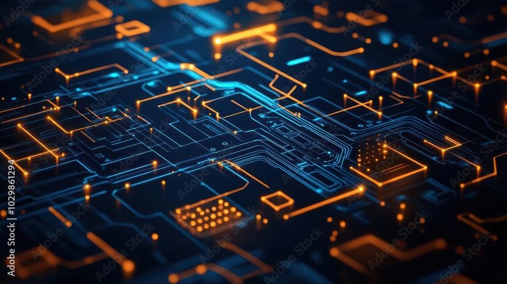 Poster metallic circuits, holographic highlights, abstract tech patterns, dark futuristic background