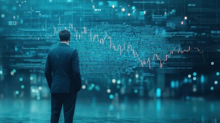 Investment charts crumbling into dust, dissolving in the air with a lone trader watching from afar