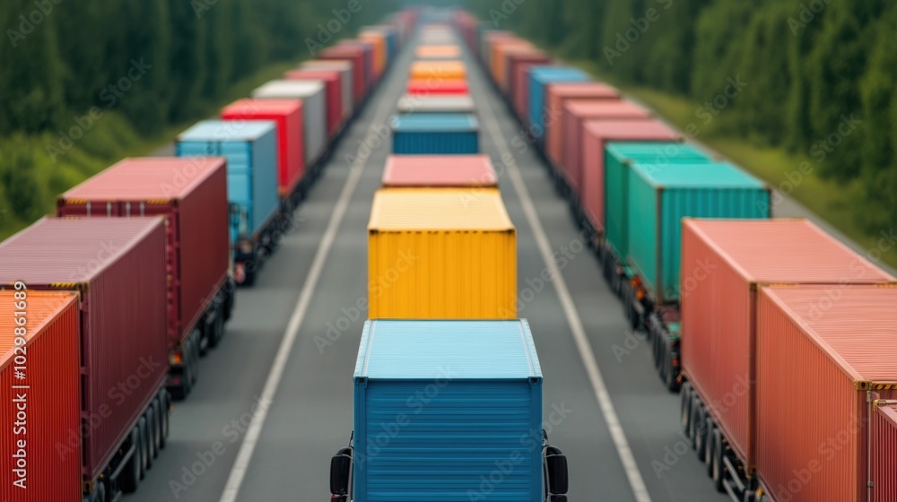 Poster long line of freight trucks and cargo containers stuck at a busy border checkpoint caused by new tra