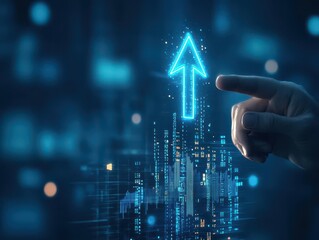 Glowing holographic arrow shooting upward as a businessman points, digital financial dashboard, futuristic, blue neon, hightech style