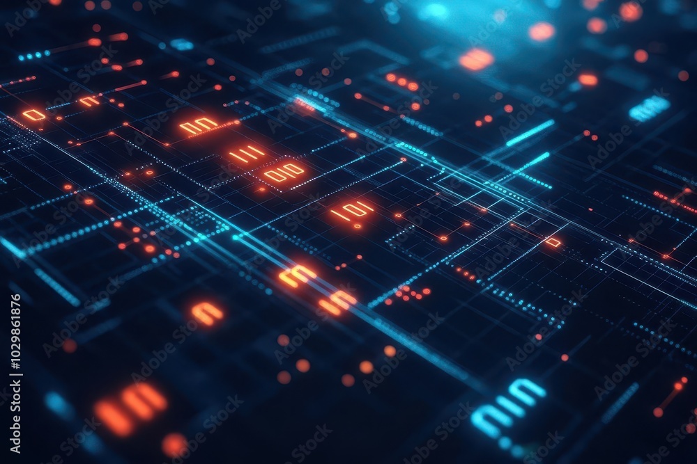 Poster Futuristic data matrix, glowing binary numbers, sleek black background, tech visuals