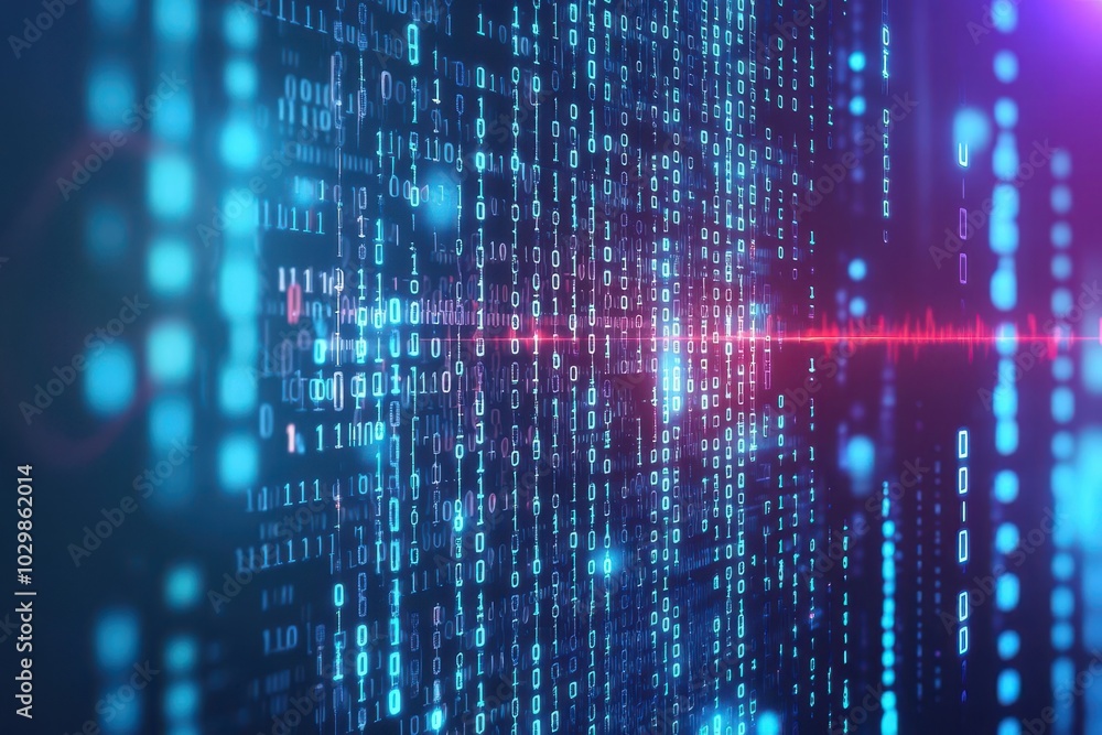 Poster Flowing digital code, immersive binary matrix, futuristic abstract background