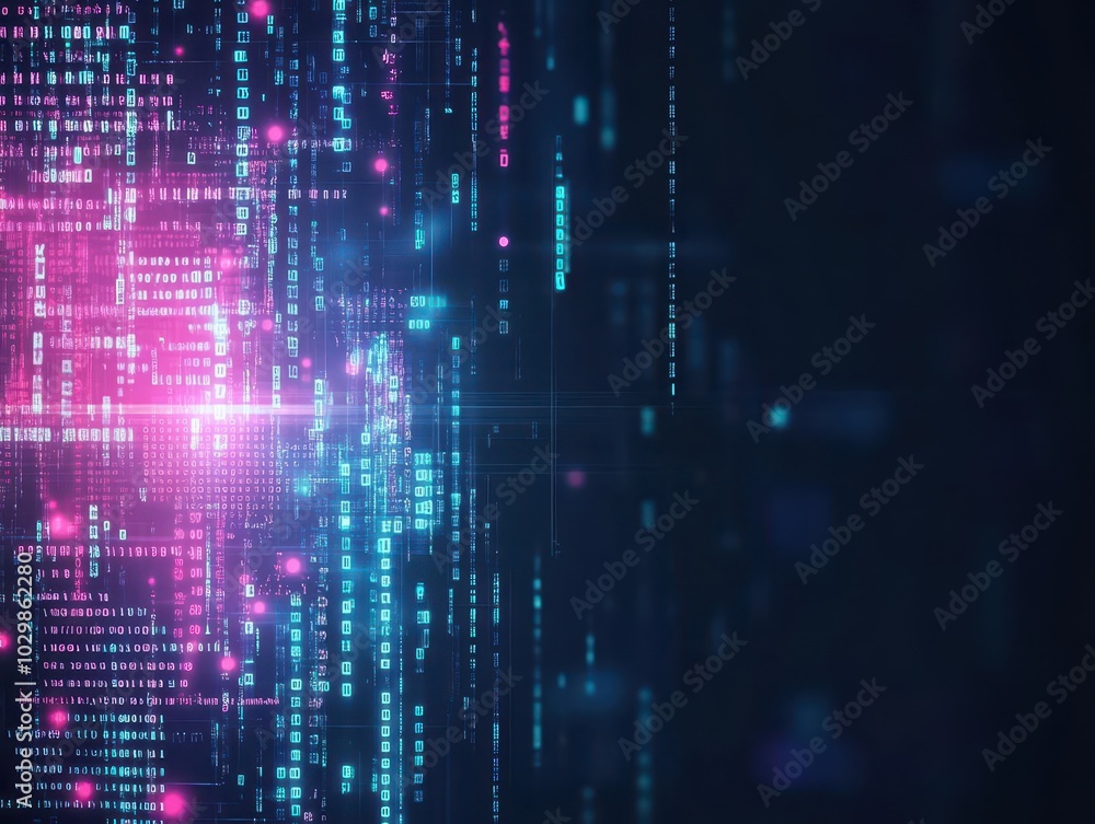 Poster Digital matrix design, glowing binary code, black tech backdrop, cyber data stream