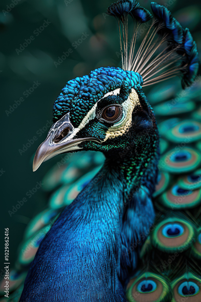 Wall mural peacock portrait: a close-up shot reveals the intricate beauty of a peacock's head, showcasing its v