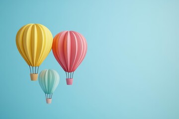 Fototapeta premium Colorful paper hot air balloons, floating in the sky, 3D illustration