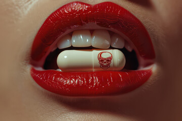 Dangerous Desire: A close-up shot of red lips, with a pill imprinted with a skull, poised for consumption. This captivating image evokes a sense of danger, temptation, and the allure of the forbidden.