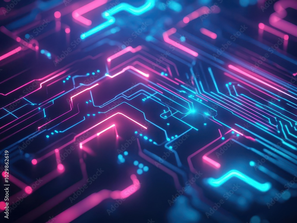 Poster circuit board patterns, bright neon lines, futuristic digital network, dark background