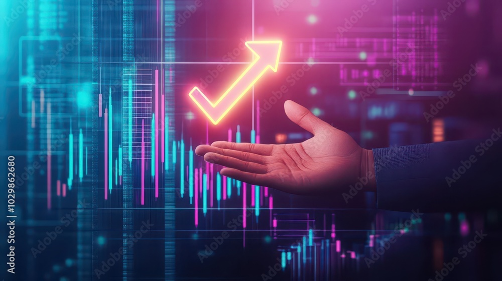 Poster businessman s hand hovering above a glowing upward arrow, surrounded by futuristic charts and graphs