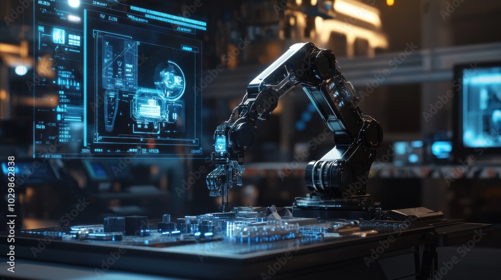 Aufkleber a robotic arm with a gripper is working on a circuit board, with a holographic screen behind it.