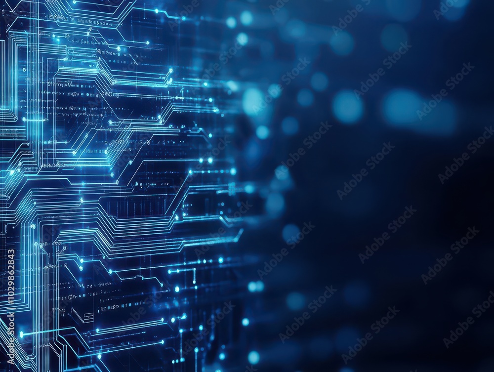 Aufkleber blue and silver circuit design, glowing lines, abstract tech patterns, dark background
