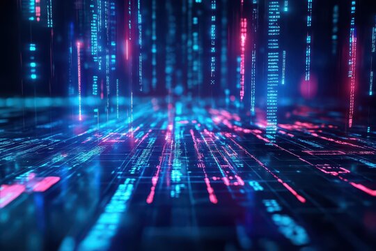 Binary code flow, abstract matrix interface, dark scifi landscape