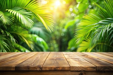 Tilted angle wooden tabletop with tropical greenery background