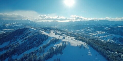 aerial photograph shows a beautiful sky and snow-covered mountains in the sunshine