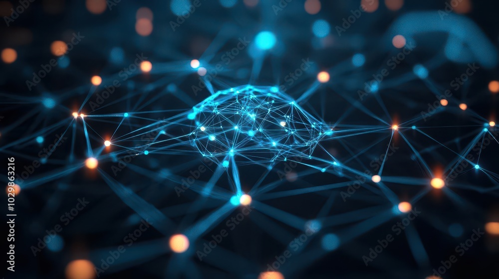 Poster AI neural network with glowing synapses connecting digital nodes, futuristic cyberbrain, dark background with neon accents, deep blue glow