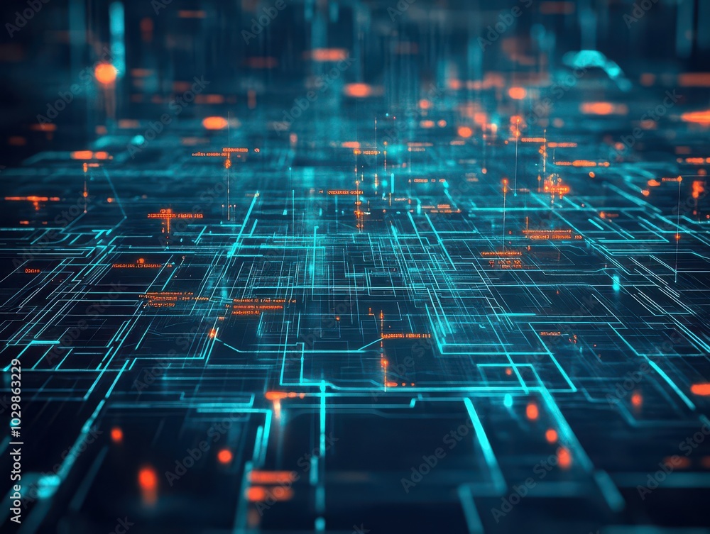 Poster AI neural network, glowing circuits, abstract data visualization, dark tech theme