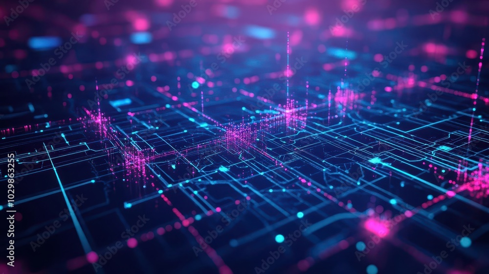 Aufkleber AI connections forming a virtual network with complex data streams flowing between glowing nodes, 3D digital landscape, vibrant blues and pinks, hightech style
