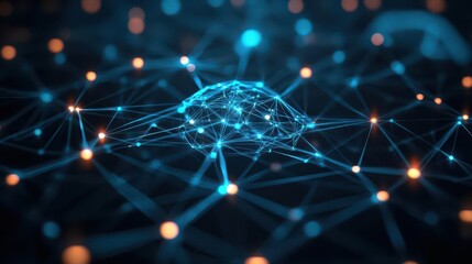 Obraz premium AI neural network with glowing synapses connecting digital nodes, futuristic cyberbrain, dark background with neon accents, deep blue glow