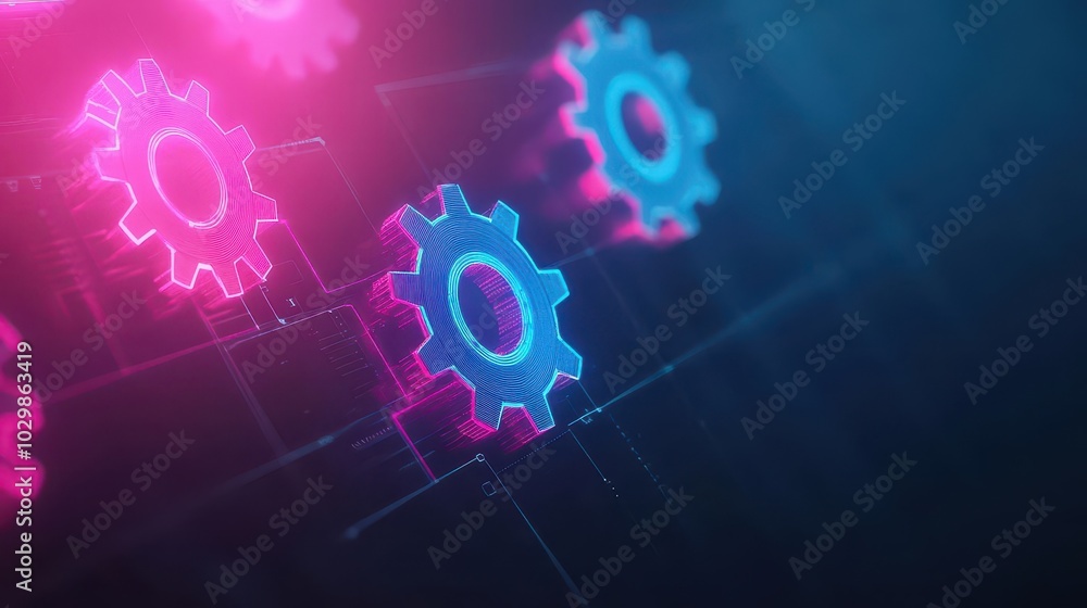 Poster abstract gears, neon light patterns, smooth curved motion, futuristic tech design