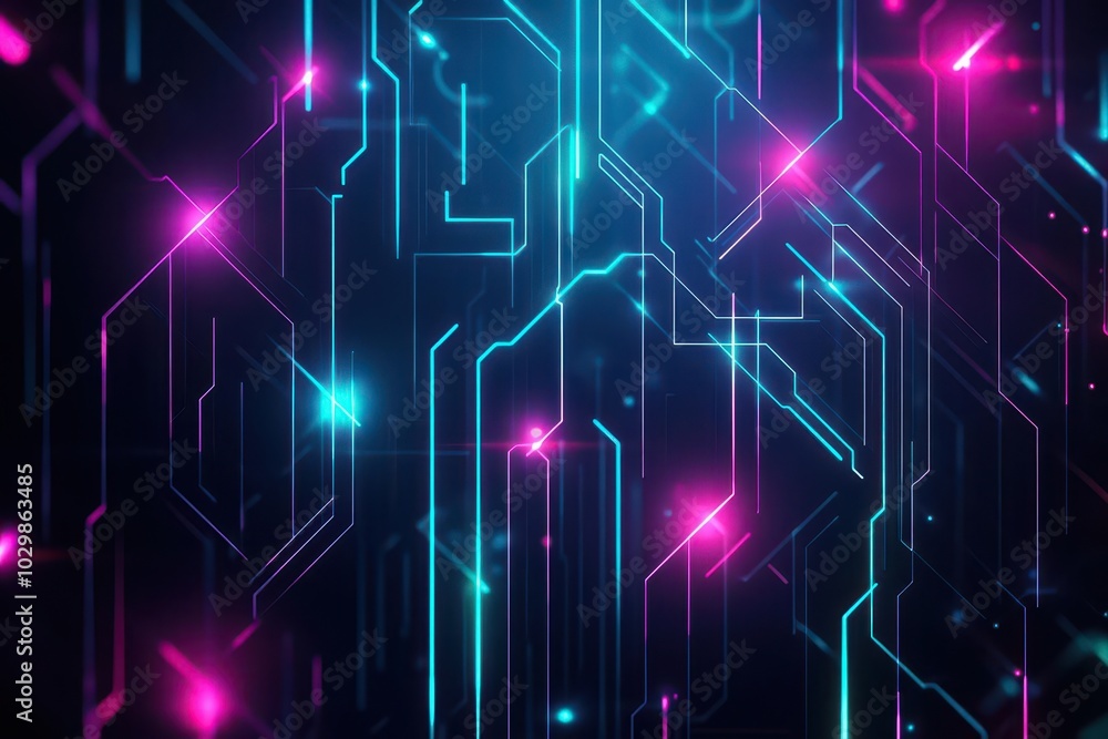 Poster abstract circuit patterns, neon tech grid, dark futuristic theme, glowing elements