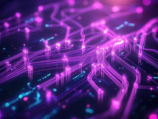 Obraz premium Abstract glowing fiber optics intertwining in a dark futuristic environment, cyberpunk, neon purple, detailed closeup, soft light reflections