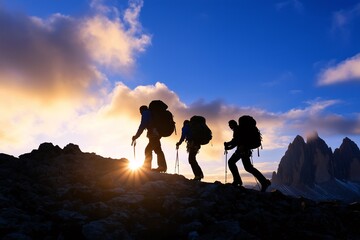 Obraz premium people climbing the mountines carrying climbing equipment and backpacks on their backs, concept of tourism, outdoor activities, hiking
