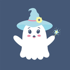 Cute ghost in hat with magic wand. Spooky funny Halloween character. Vector flat hand drawn illustration.