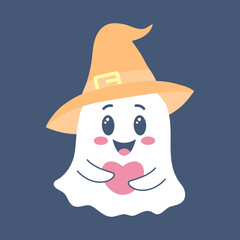 Cute ghost in hat holding heart. Spooky funny Halloween character. Vector flat hand drawn illustration.